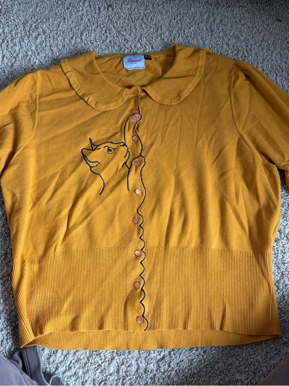 Banned Mustard Yellow Embroidered Cat Button-Front Women's Cardigan